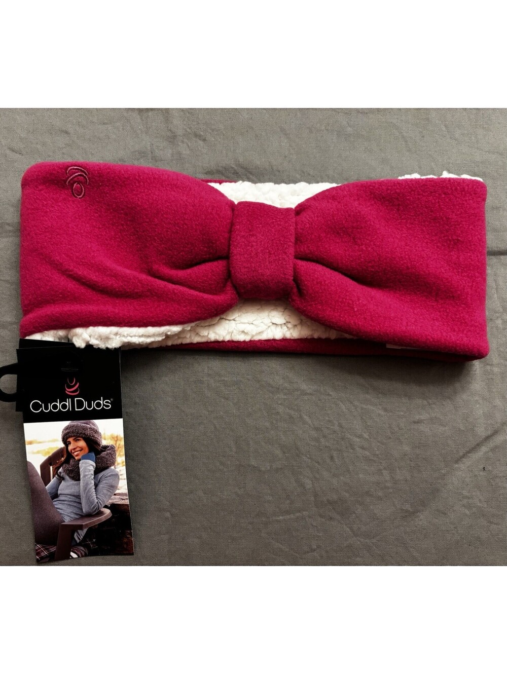 Cuddl Duds Fuchsia Faux Sherpa Lined Bow Stretch Fleece Headband One Size Women